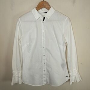 Tahari White Cotton Button Up Shirt Pleated Cuff Long Sleeve